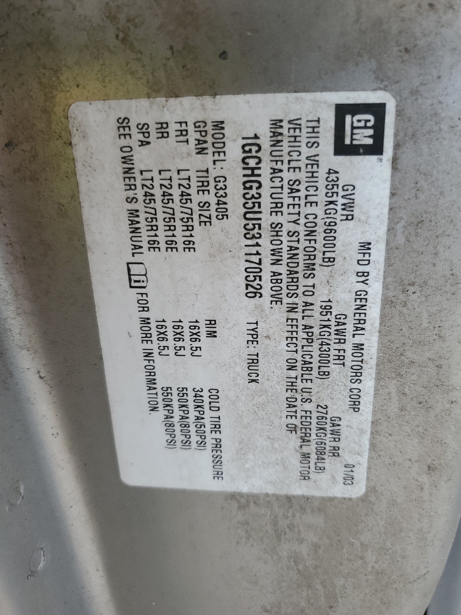 1GCHG35U531170526 2003 Chevrolet Express G3500