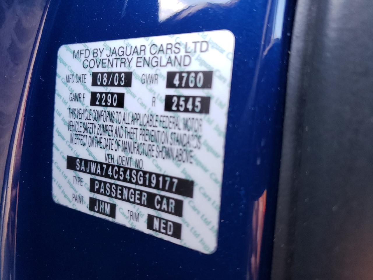 2004 Jaguar Vandenplas VIN: SAJWA74C54SG19177 Lot: 66271844