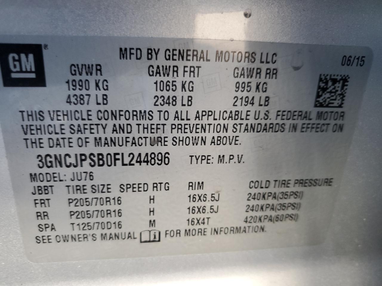 2015 Chevrolet Trax 1Ls VIN: 3GNCJPSB0FL244896 Lot: 67030094