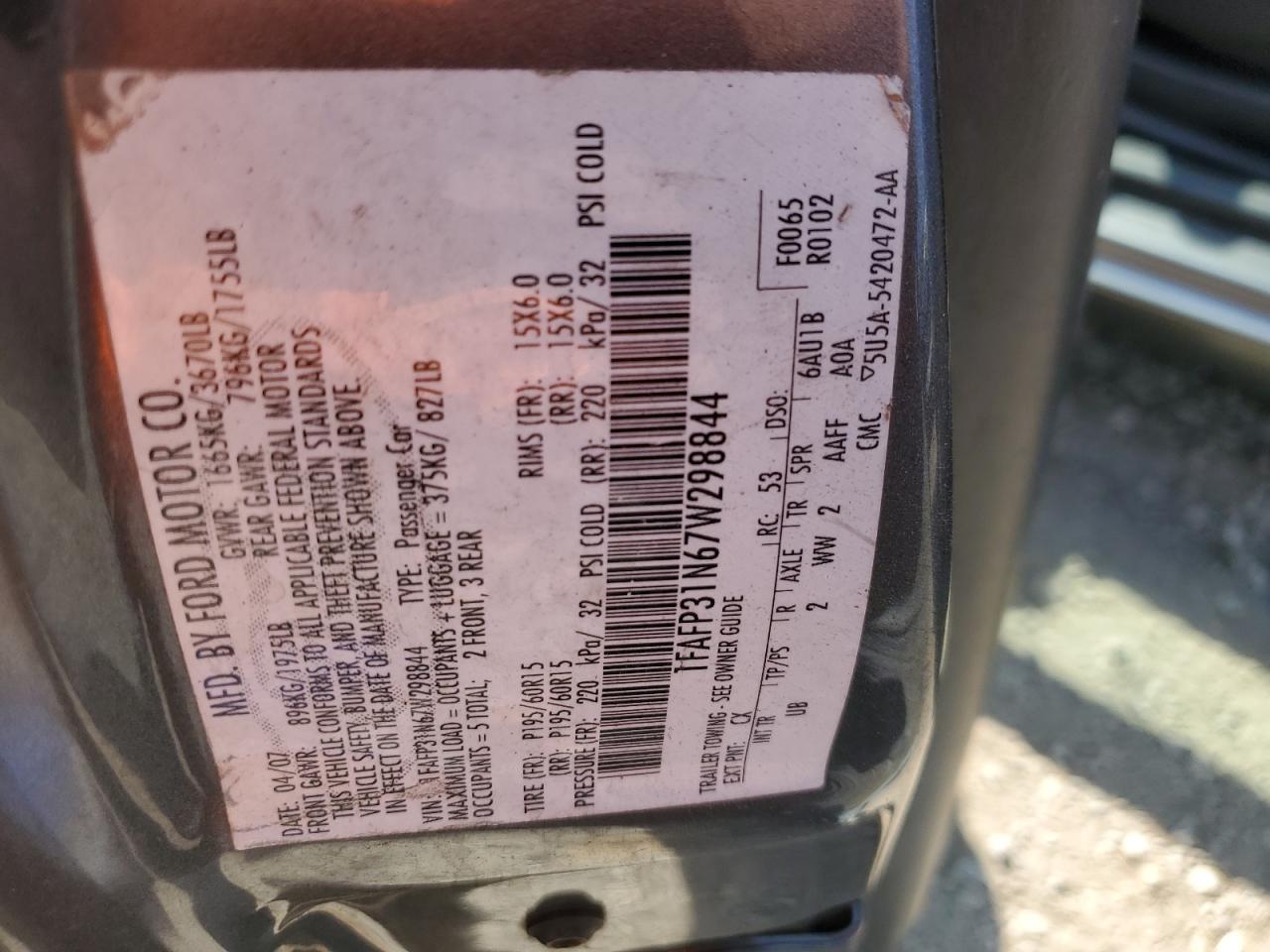 1FAFP31N67W298844 2007 Ford Focus Zx3