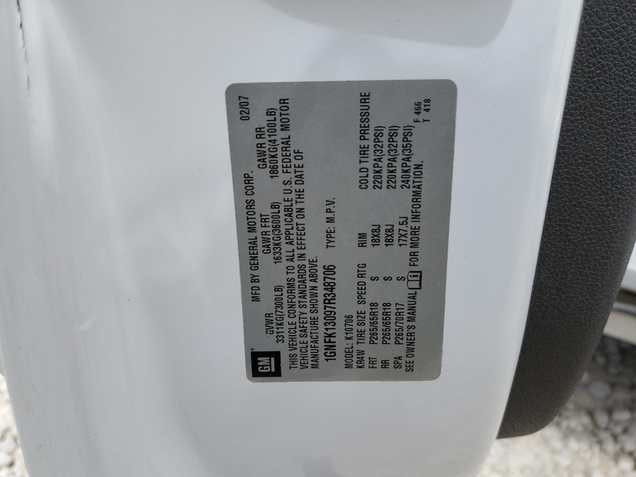 2007 Chevrolet Tahoe K1500 VIN: 1GNFK13097R348706 Lot: 80275934