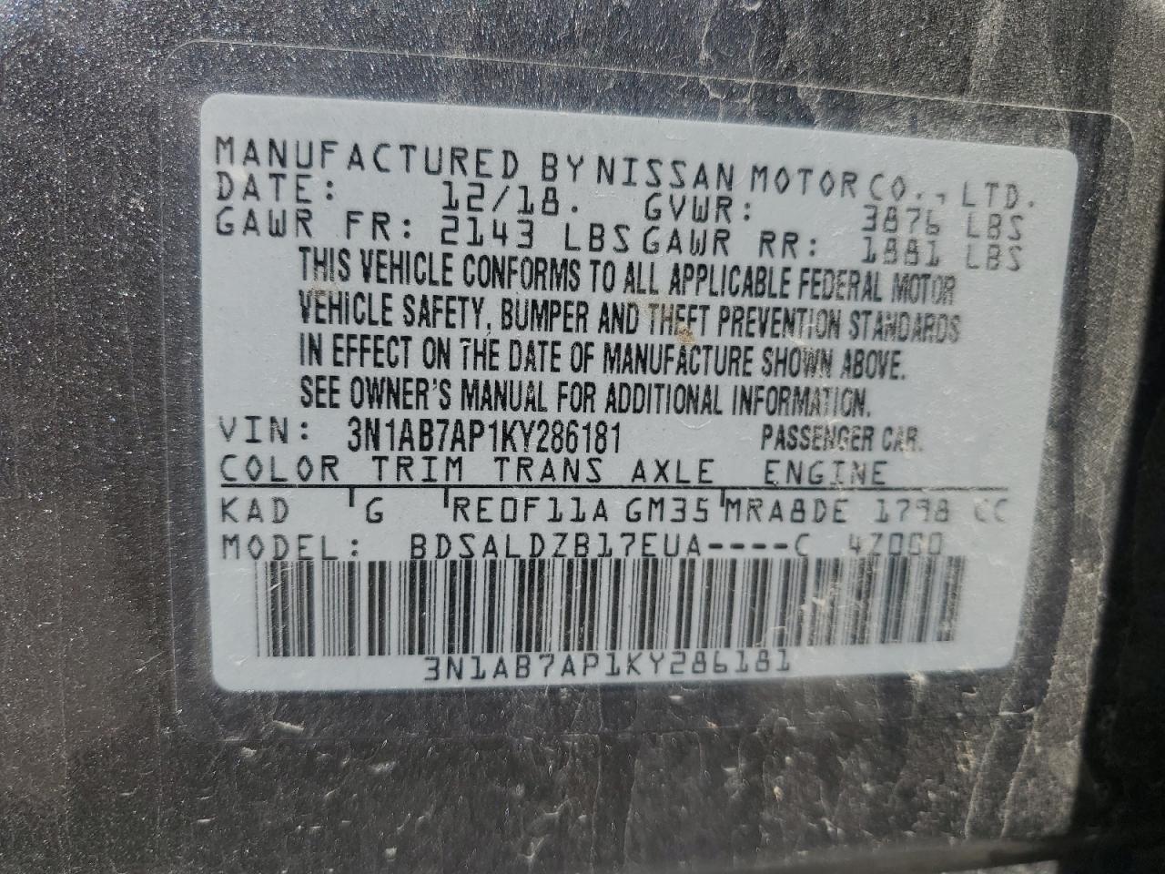 3N1AB7AP1KY286181 2019 Nissan Sentra S