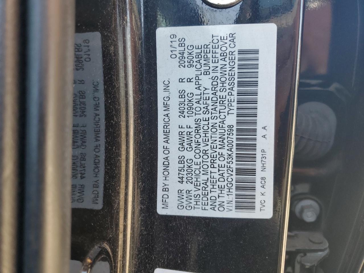 1HGCV2F53KA007598 2019 Honda Accord Exl