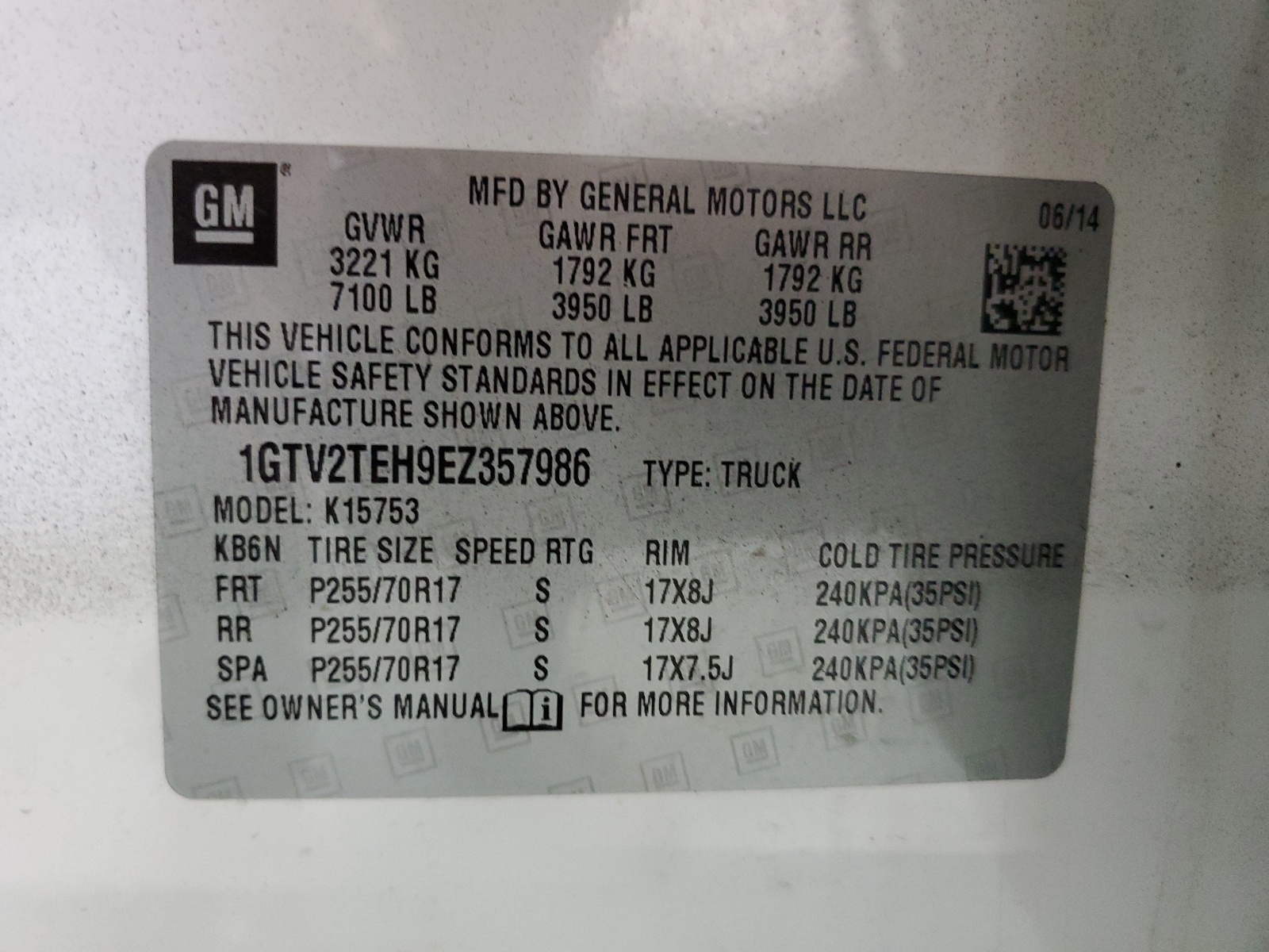 2014 GMC Sierra K1500 vin: 1GTV2TEH9EZ357986