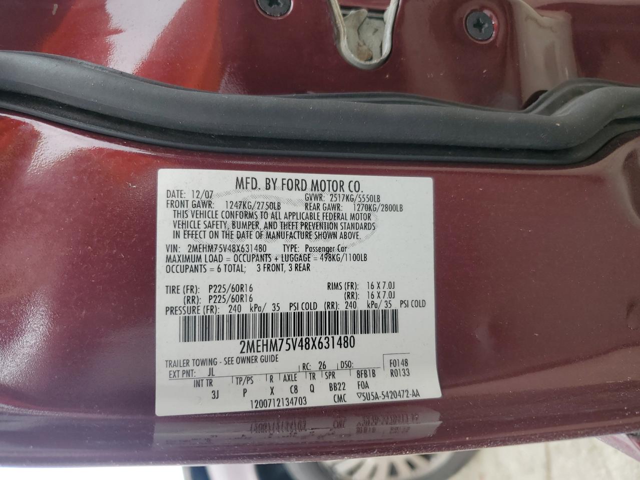 2008 Mercury Grand Marquis Ls VIN: 2MEHM75V48X631480 Lot: 67379414