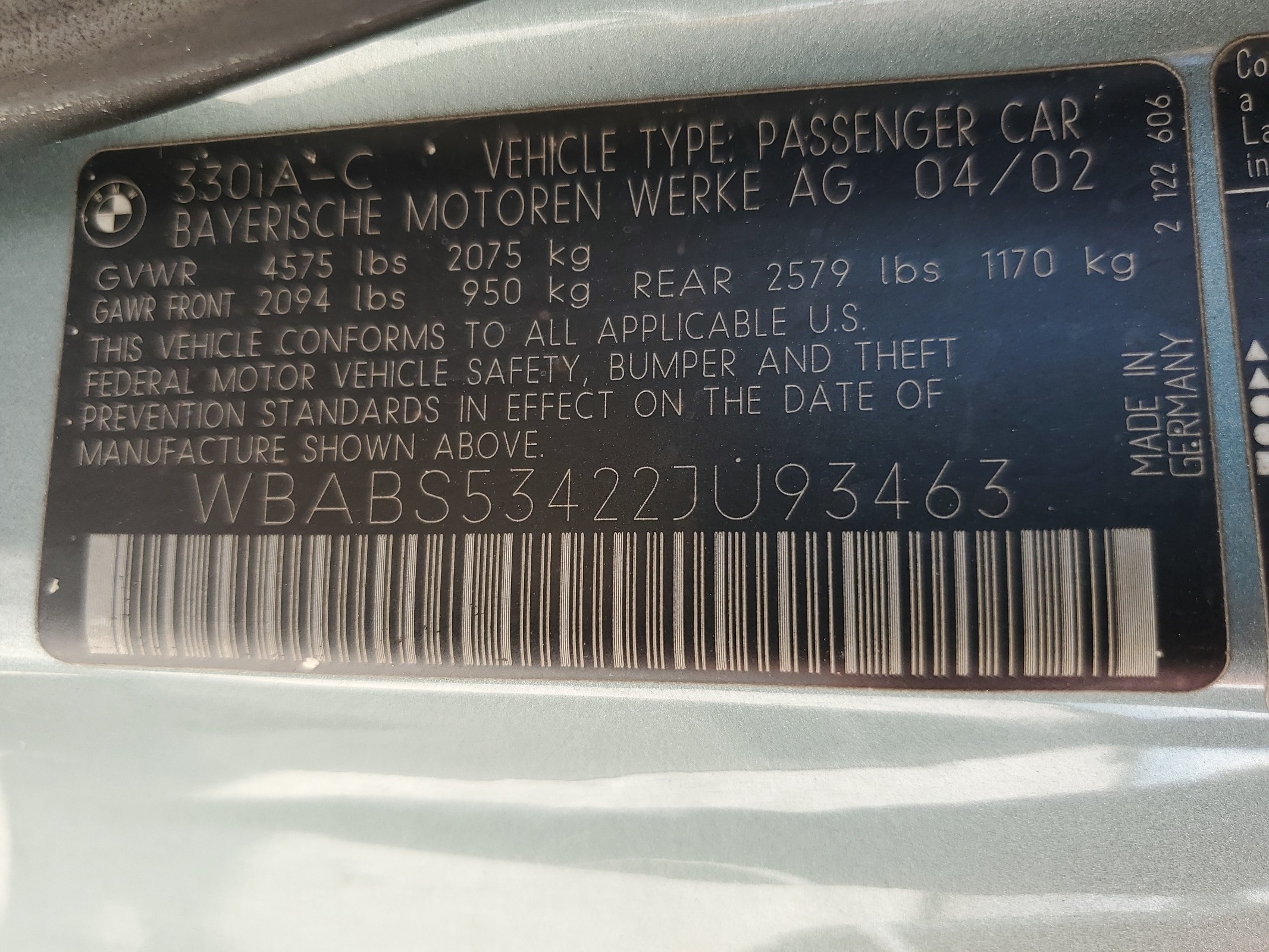 WBABS53422JU93463 2002 BMW 330 Ci