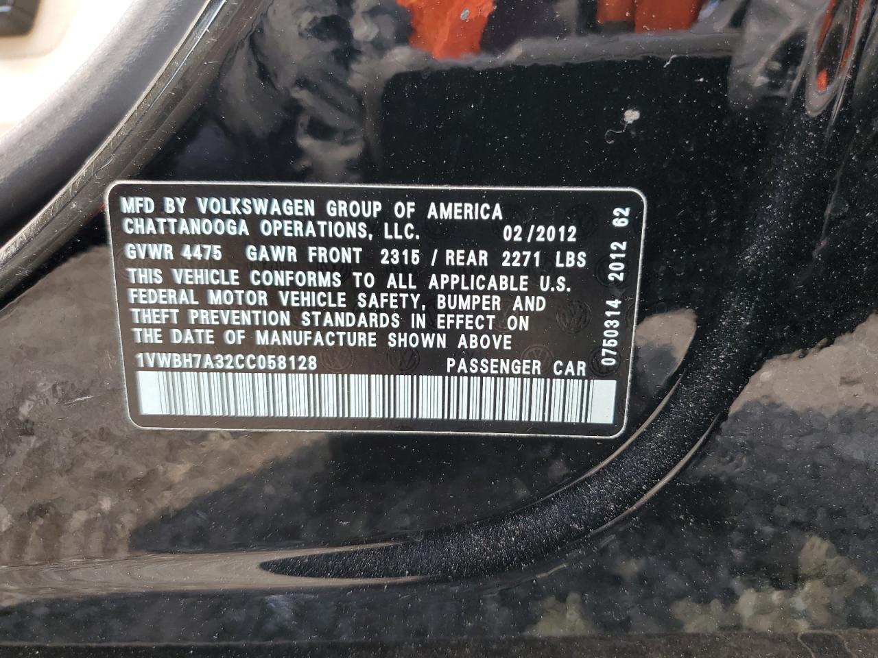 2012 Volkswagen Passat Se VIN: 1VWBH7A32CC058128 Lot: 66775754