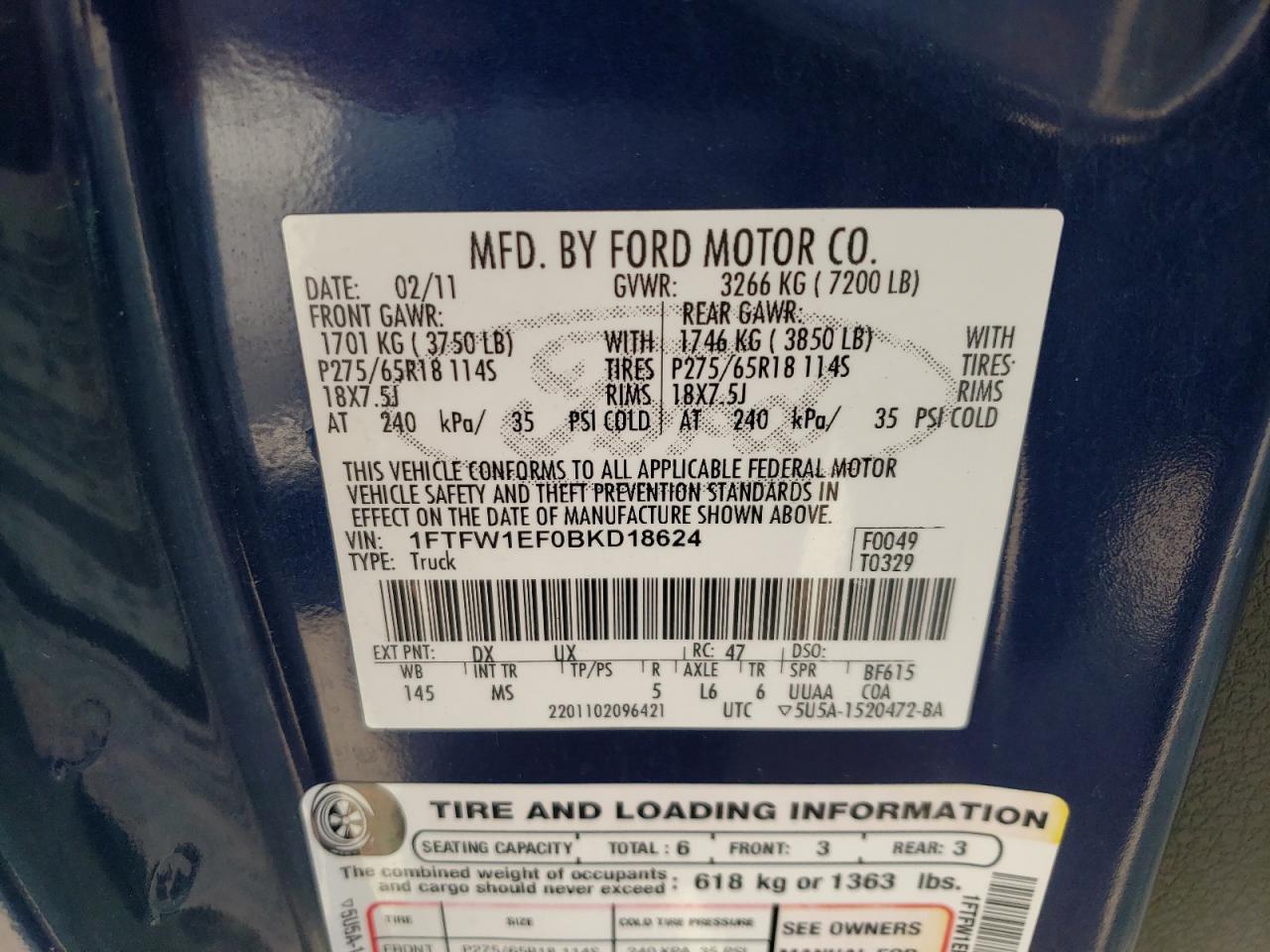 1FTFW1EF0BKD18624 2011 Ford F150 Supercrew