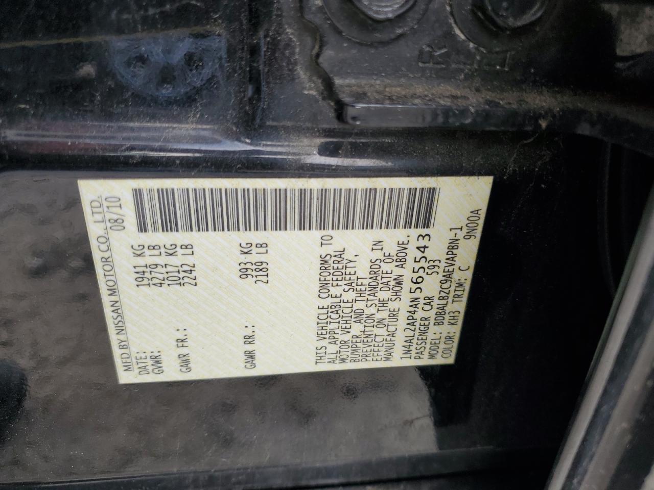 2010 Nissan Altima Base VIN: 1N4AL2AP4AN565543 Lot: 68494504