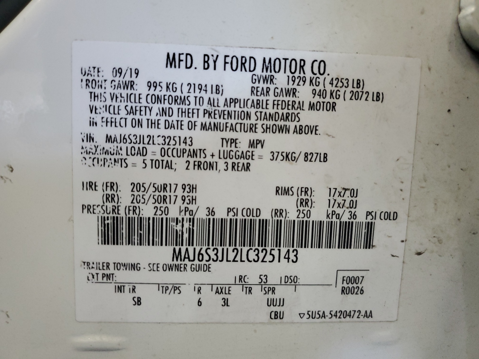 MAJ6S3JL2LC325143 2020 Ford Ecosport Ses