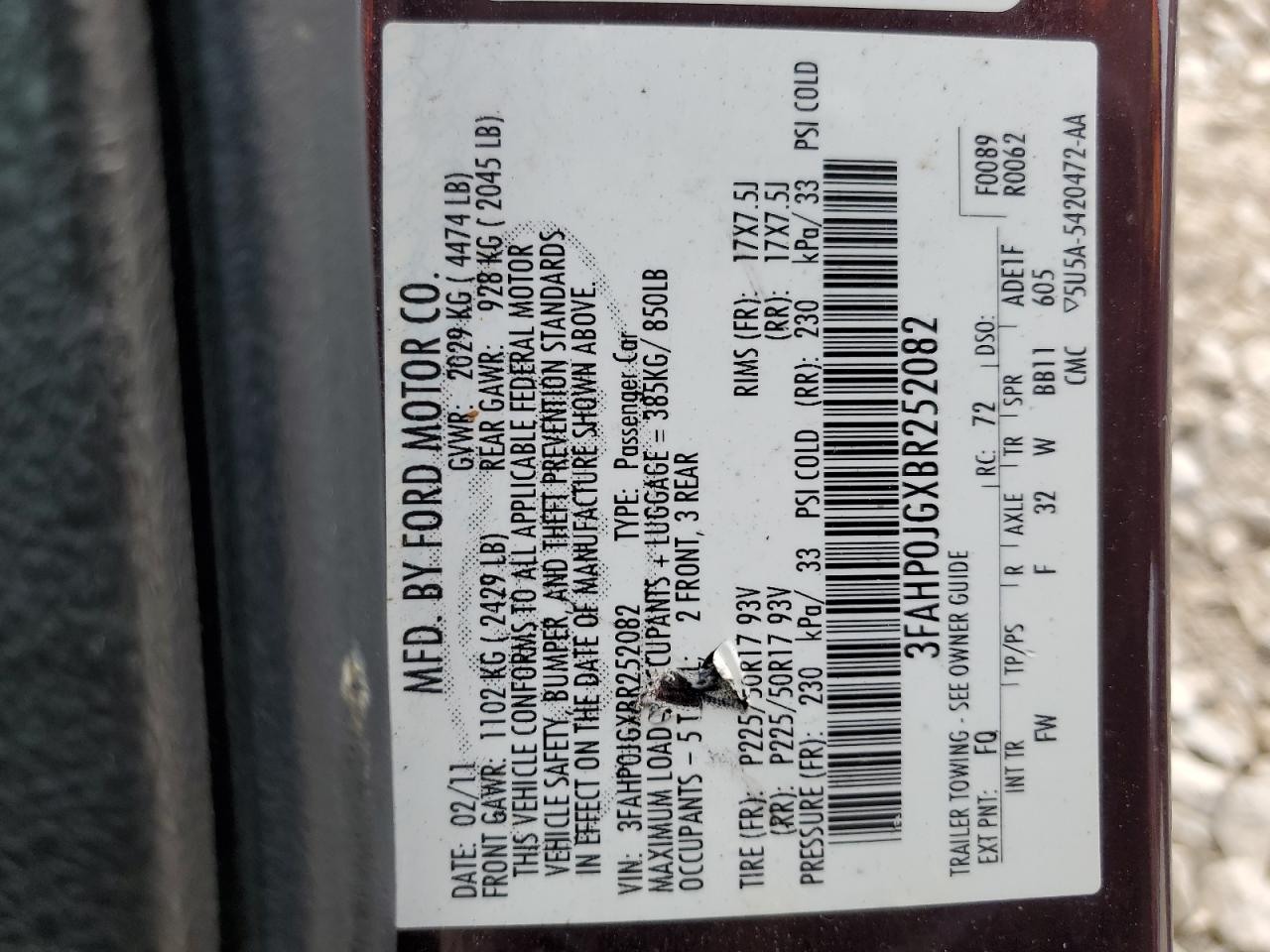 2011 Ford Fusion Sel VIN: 3FAHP0JGXBR252082 Lot: 66098414