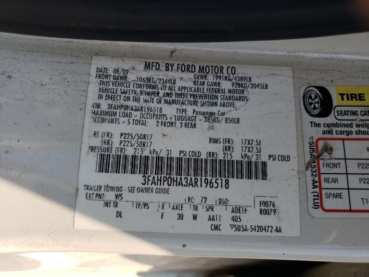 2010 Ford Fusion Se VIN: 3FAHP0HA3AR196518 Lot: 66402074