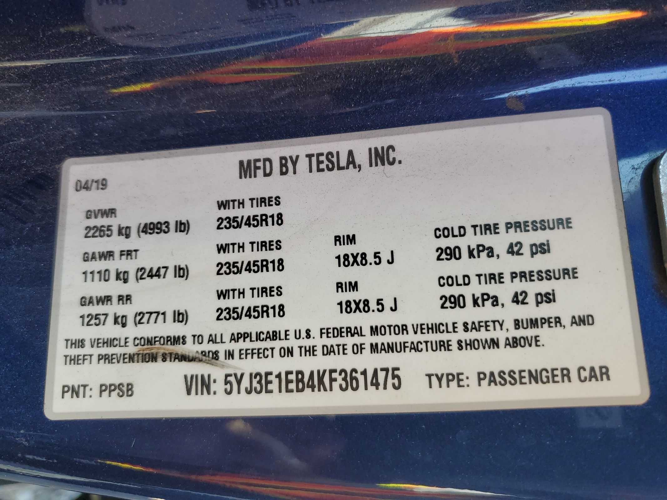 5YJ3E1EB4KF361475 2019 Tesla Model 3