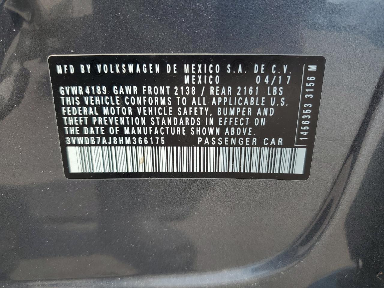 3VWDB7AJ8HM366175 2017 Volkswagen Jetta Se