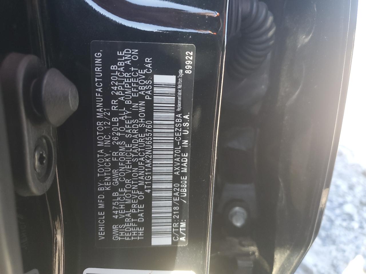 4T1G11AK2NU655760 2022 Toyota Camry Se