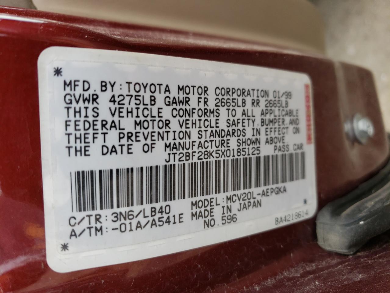 1999 Toyota Camry Le VIN: JT2BF28K5X0185125 Lot: 66957214