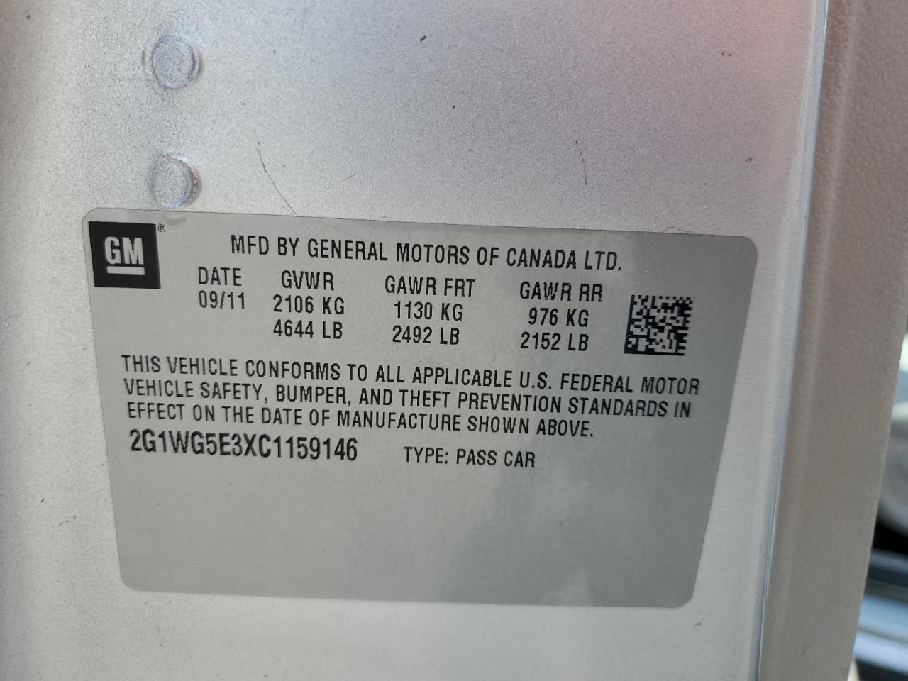 2012 Chevrolet Impala Lt VIN: 2G1WG5E3XC1159146 Lot: 67699174