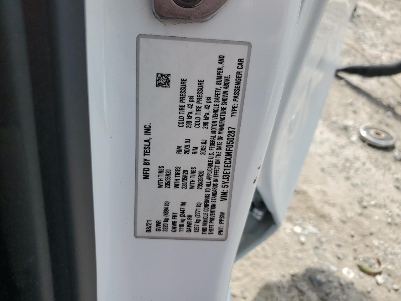 5YJ3E1ECXMF050287 2021 Tesla Model 3