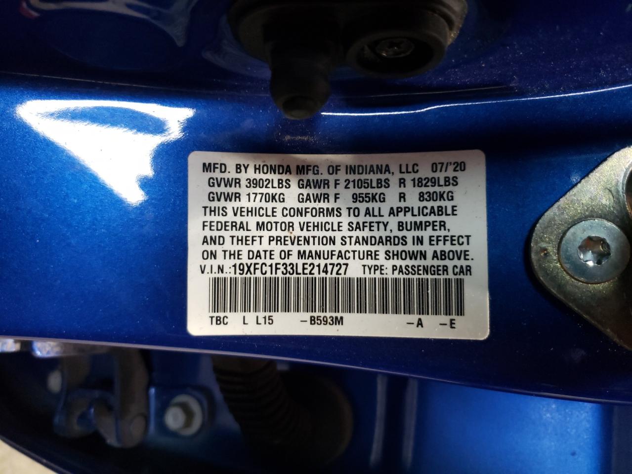 2020 Honda Civic Ex VIN: 19XFC1F33LE214727 Lot: 73309584