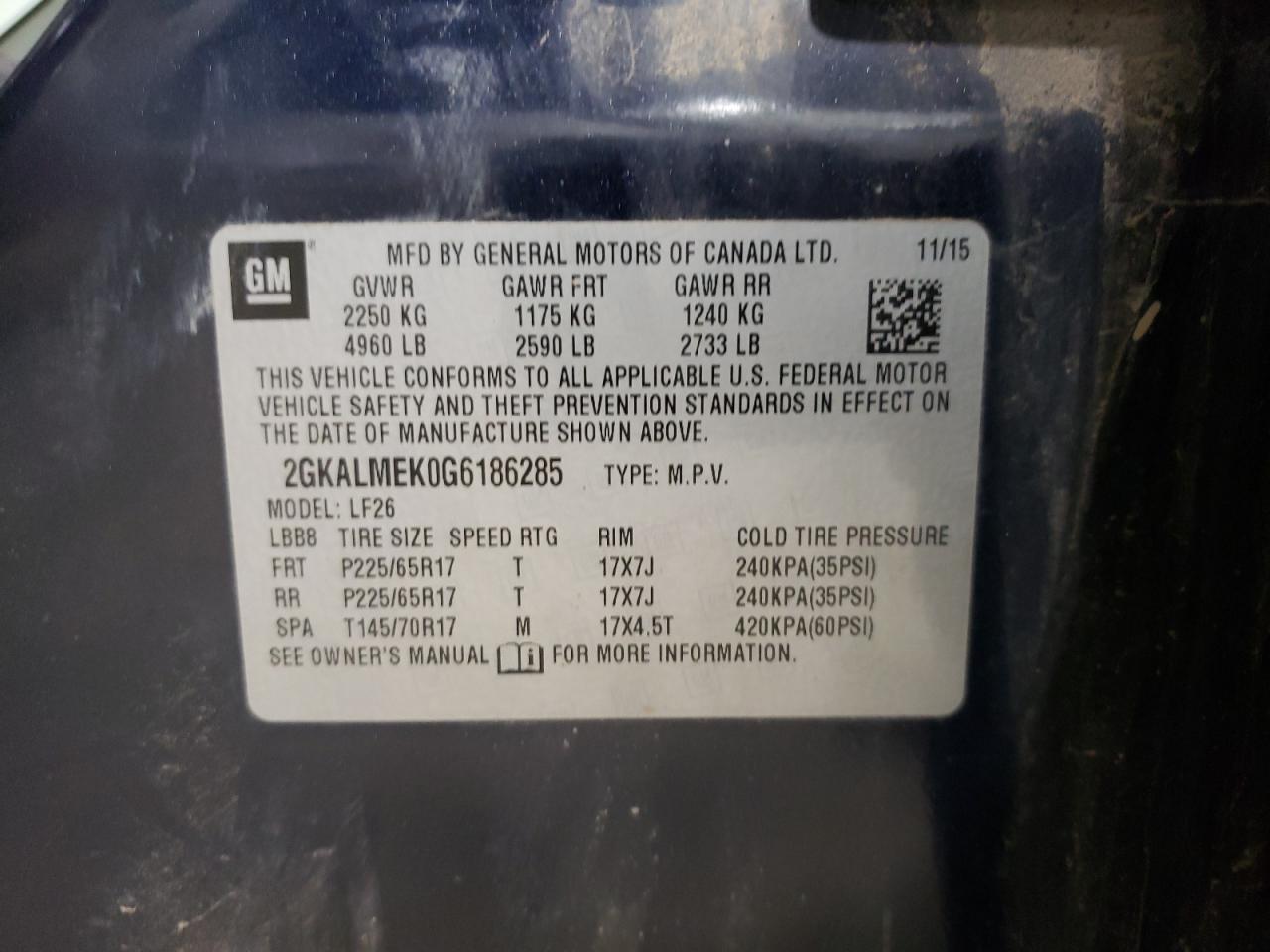 2016 GMC Terrain Sle VIN: 2GKALMEK0G6186285 Lot: 67408324