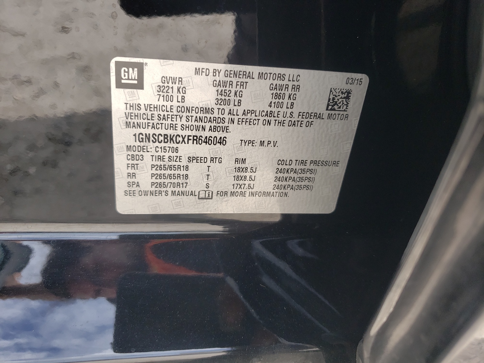 1GNSCBKCXFR646046 2015 Chevrolet Tahoe C1500 Lt