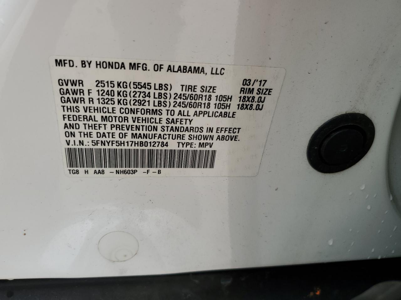 5FNYF5H17HB012784 2017 HONDA PILOT - Image 14