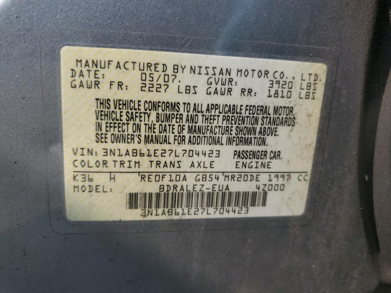 3N1AB61E27L704423 2007 Nissan Sentra 2.0