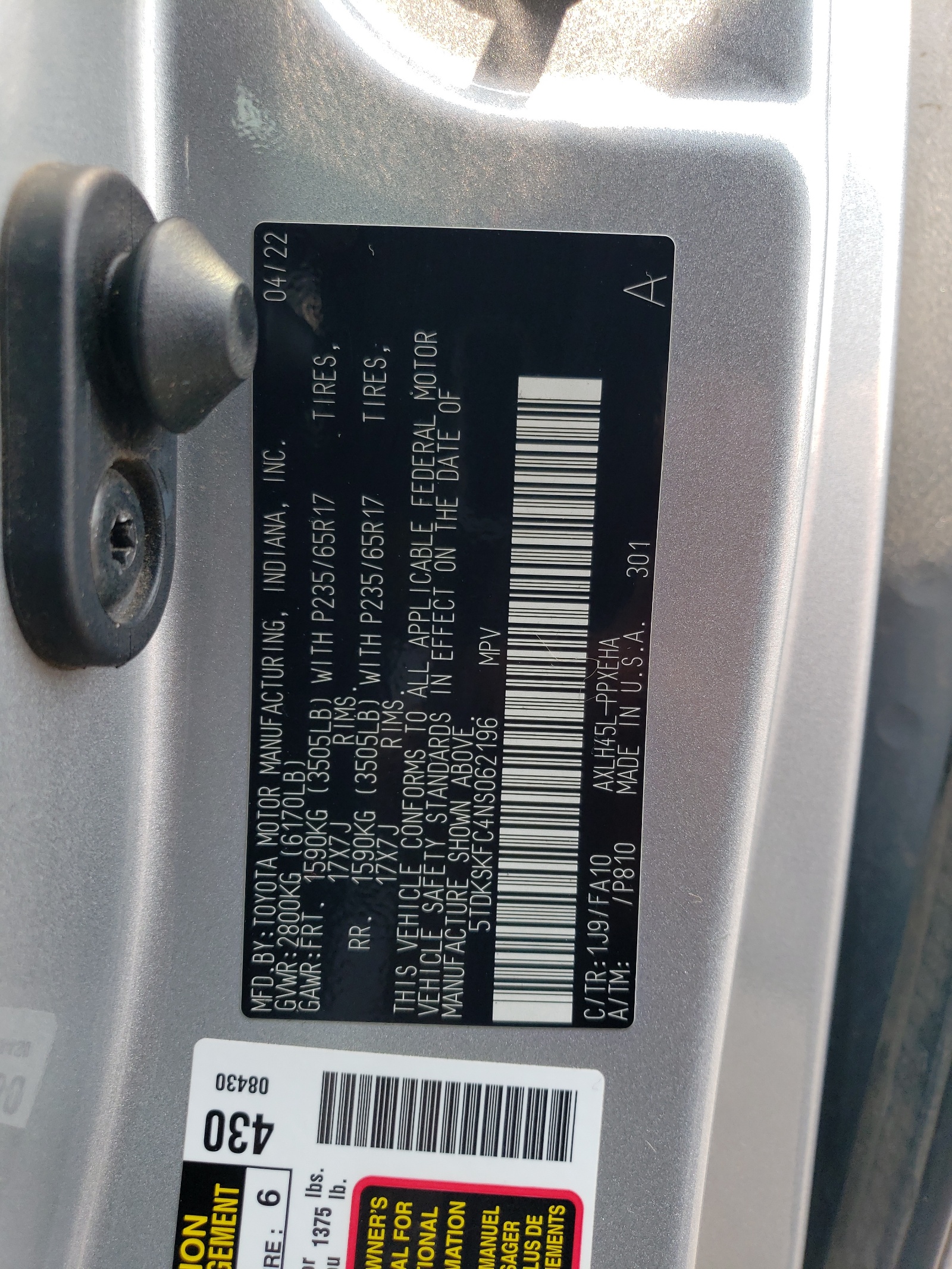 5TDKSKFC4NS062196 2022 Toyota Sienna Le