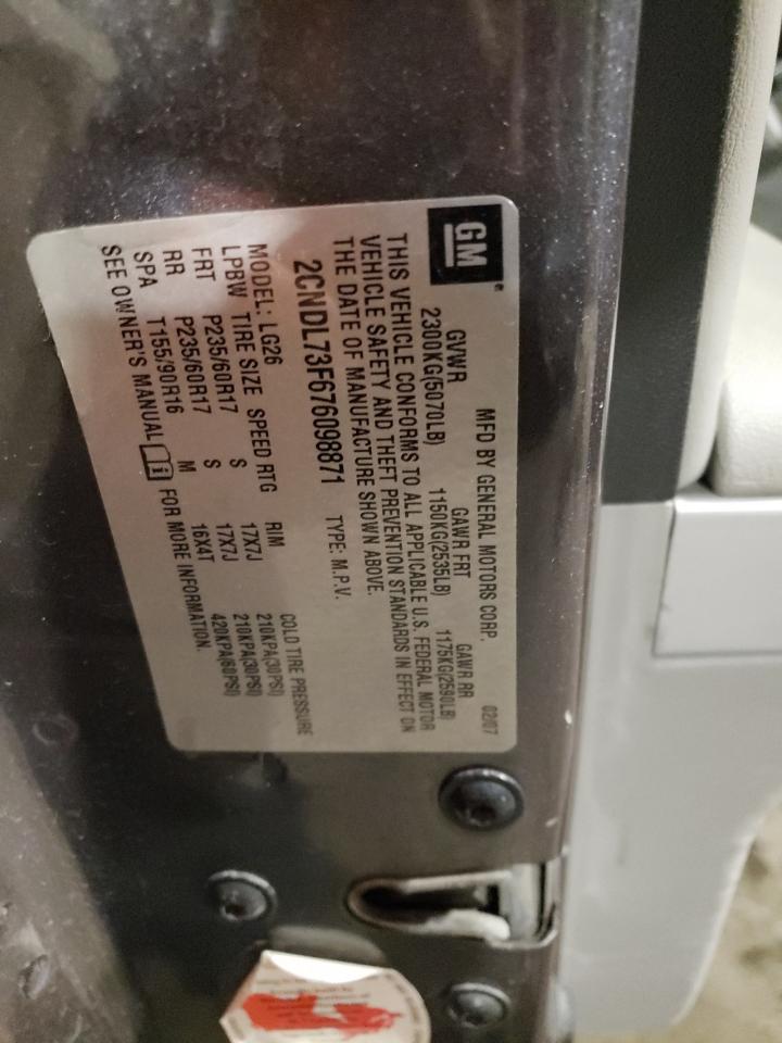 2007 Chevrolet Equinox Lt VIN: 2CNDL73F676098871 Lot: 66584424