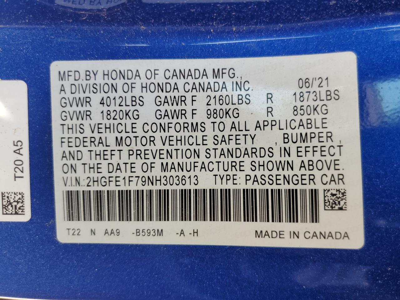 2HGFE1F79NH303613 2022 Honda Civic Ex