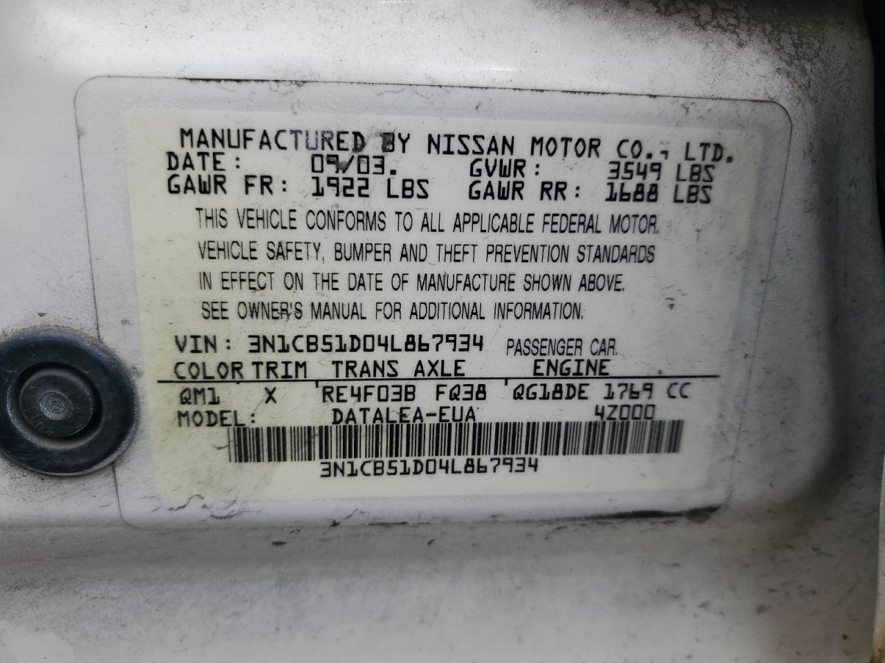 2004 Nissan Sentra 1.8 VIN: 3N1CB51D04L867934 Lot: 67397864