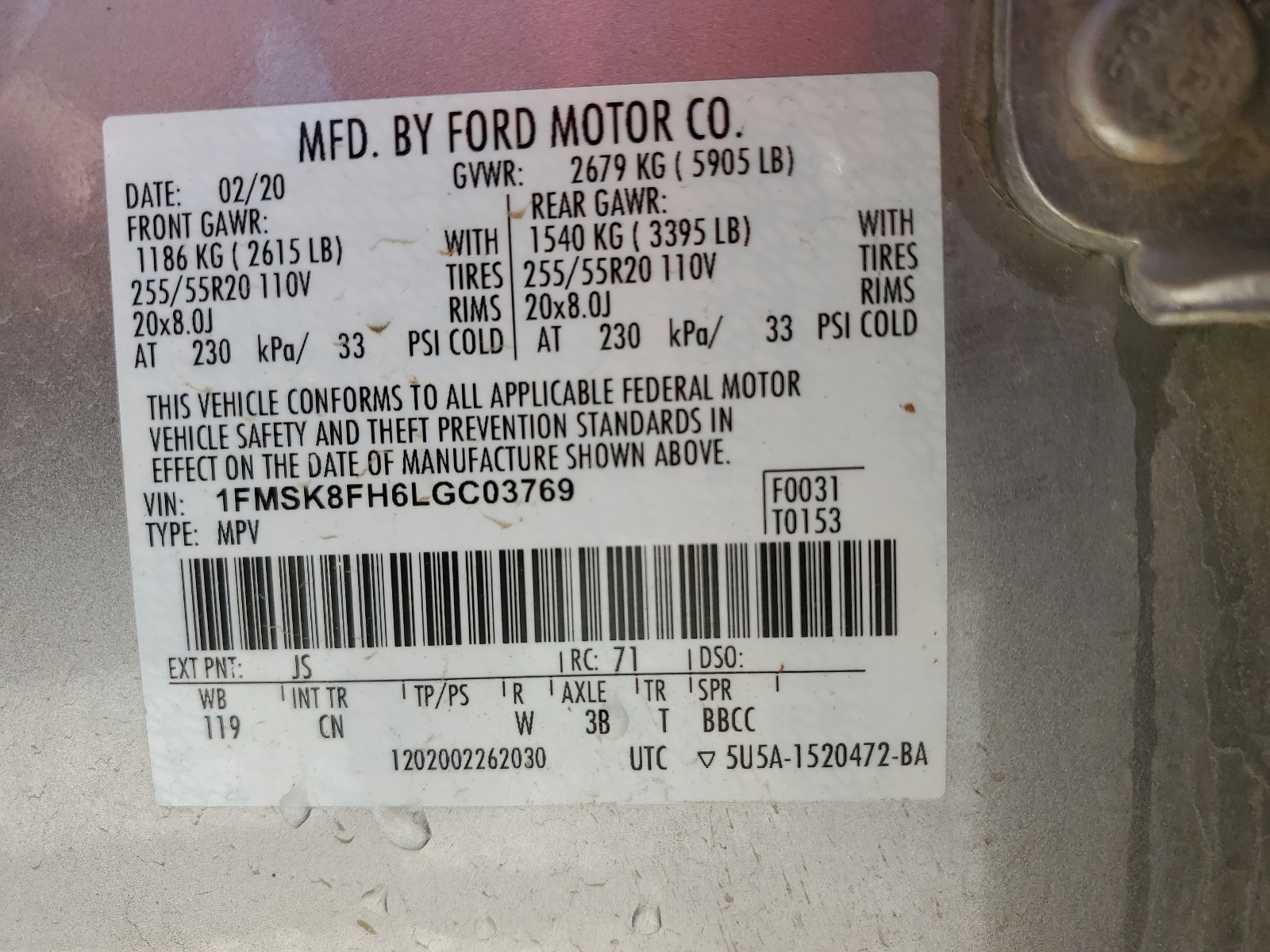 1FMSK8FH6LGC03769 2020 Ford Explorer Limited