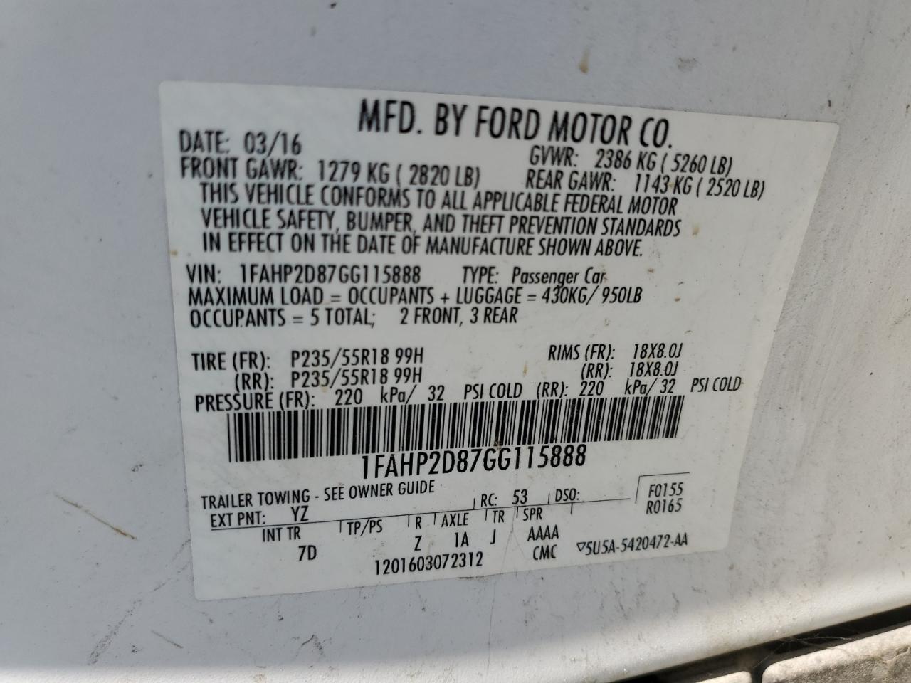 1FAHP2D87GG115888 2016 Ford Taurus Se