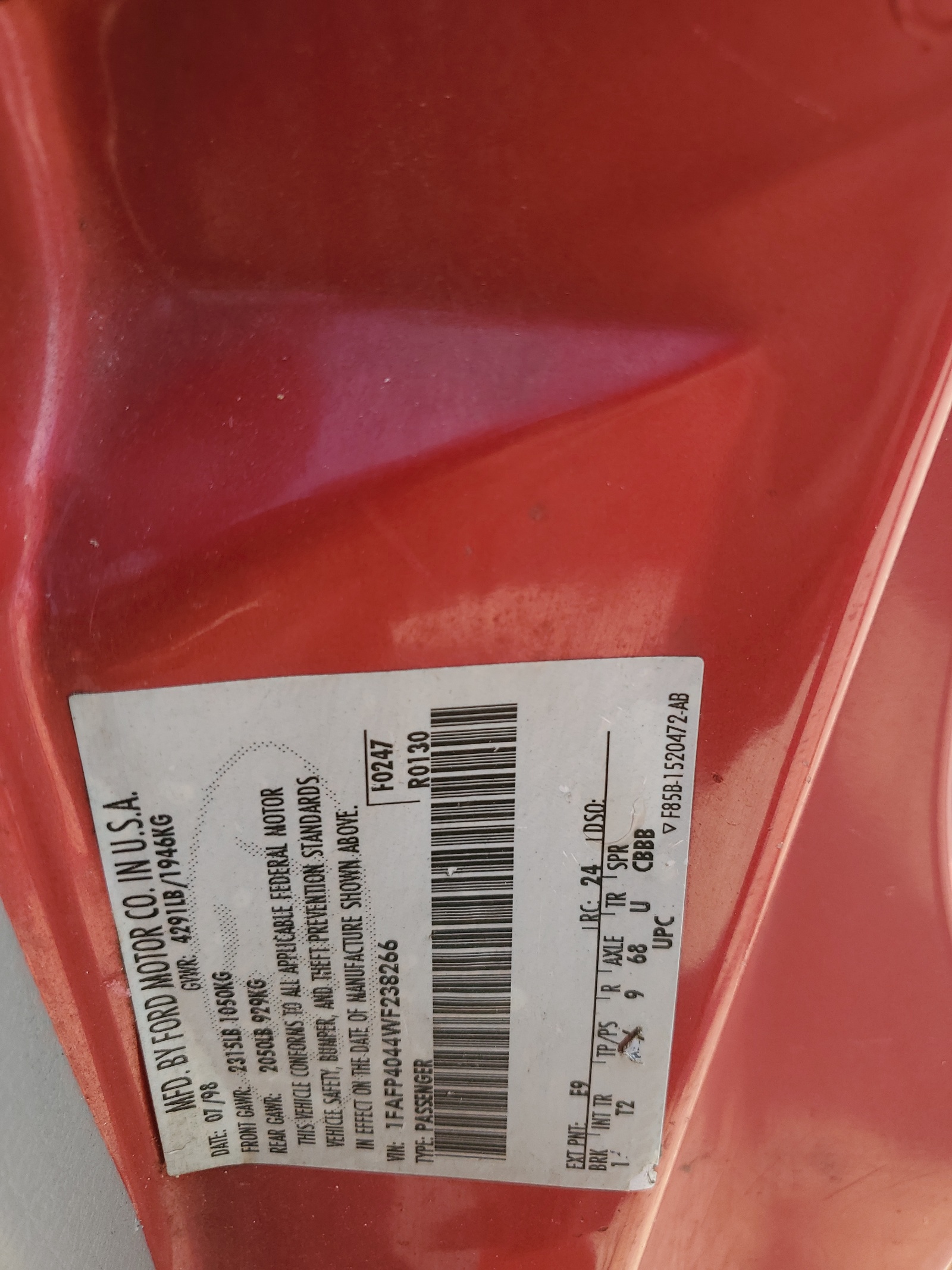 1FAFP4044WF238266 1998 Ford Mustang