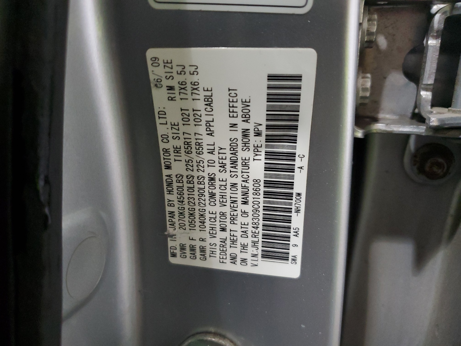 JHLRE48309C018608 2009 Honda Cr-V Lx