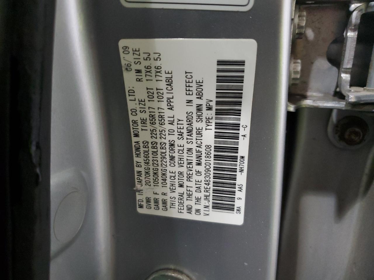 2009 Honda Cr-V Lx VIN: JHLRE48309C018608 Lot: 65323324