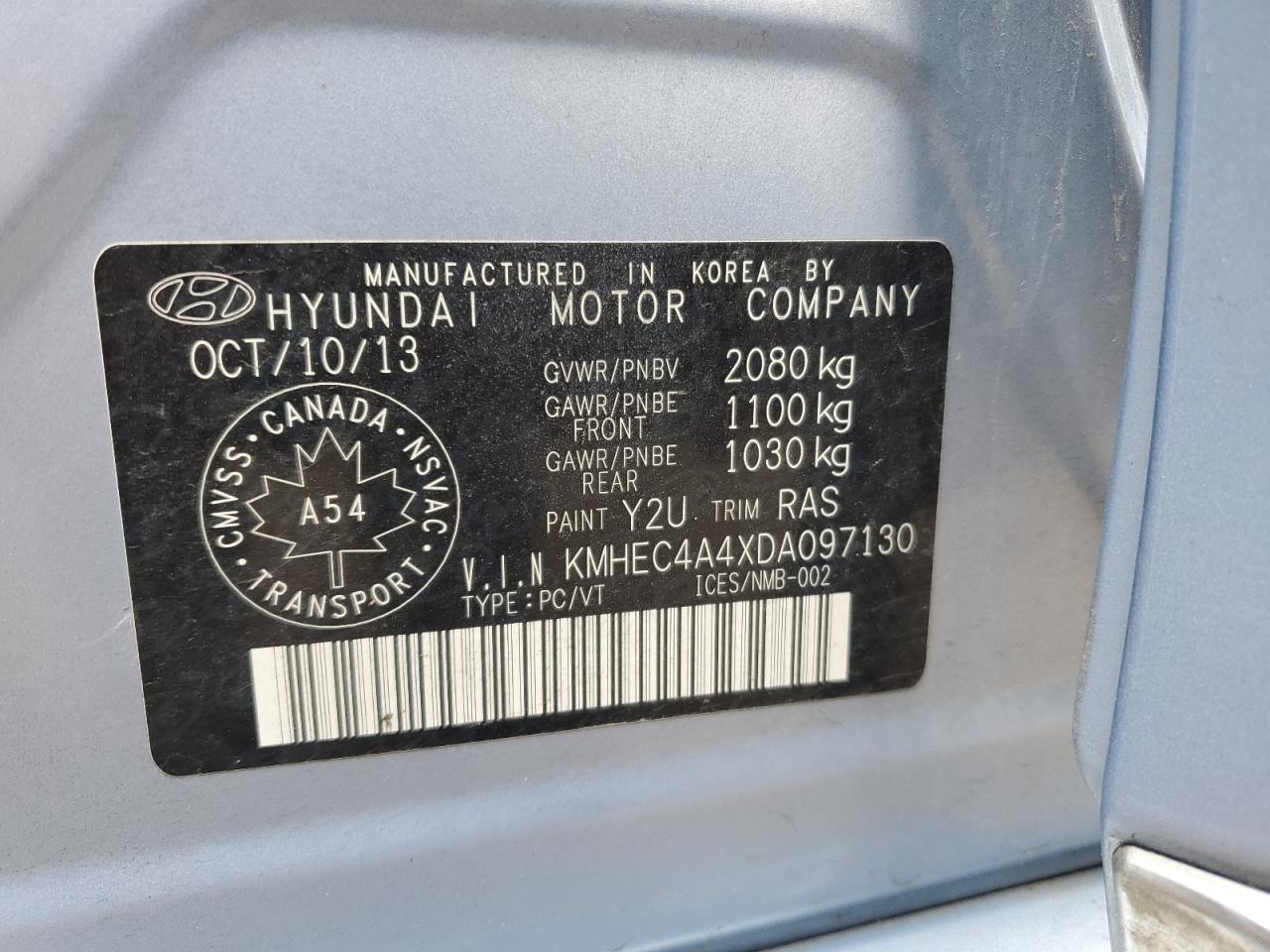 2013 Hyundai Sonata Hybrid VIN: KMHEC4A4XDA097130 Lot: 68377874