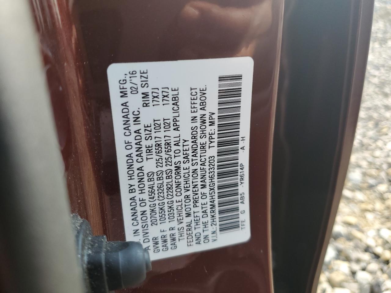 2016 Honda Cr-V Ex VIN: 2HKRM4H5XGH633203 Lot: 69019504