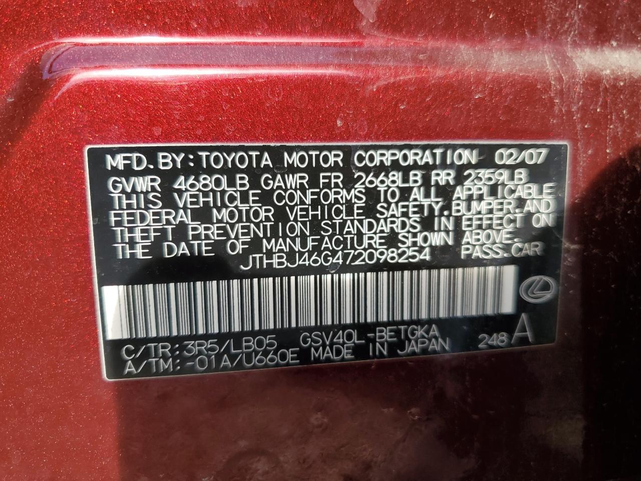 2007 Lexus Es 350 VIN: JTHBJ46G472098254 Lot: 65250964