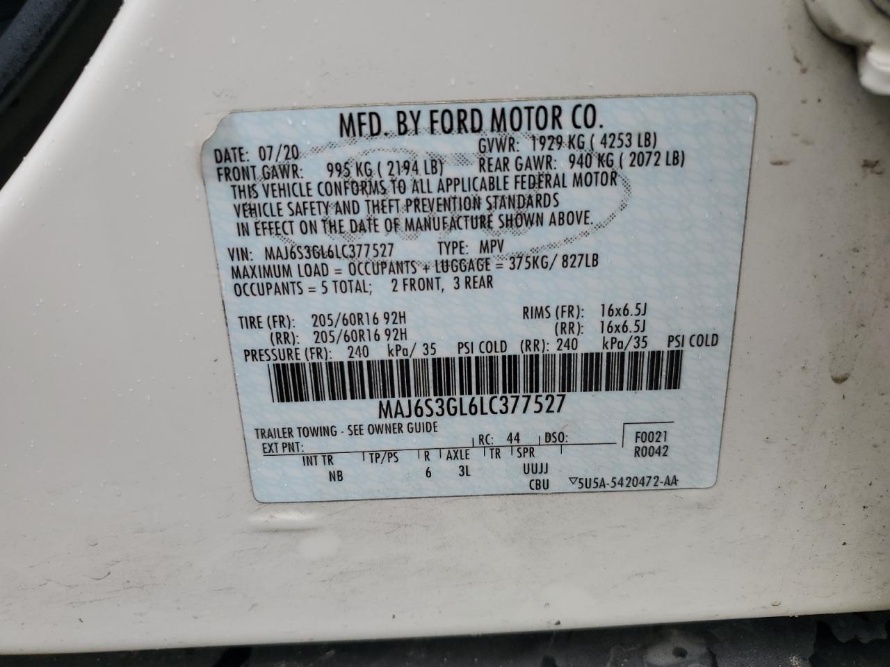 2020 Ford Ecosport Se VIN: MAJ6S3GL6LC377527 Lot: 67804744