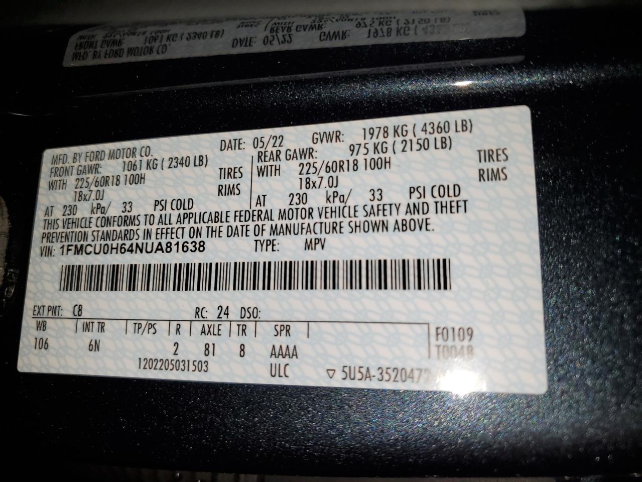 1FMCU0H64NUA81638 2022 Ford Escape Sel