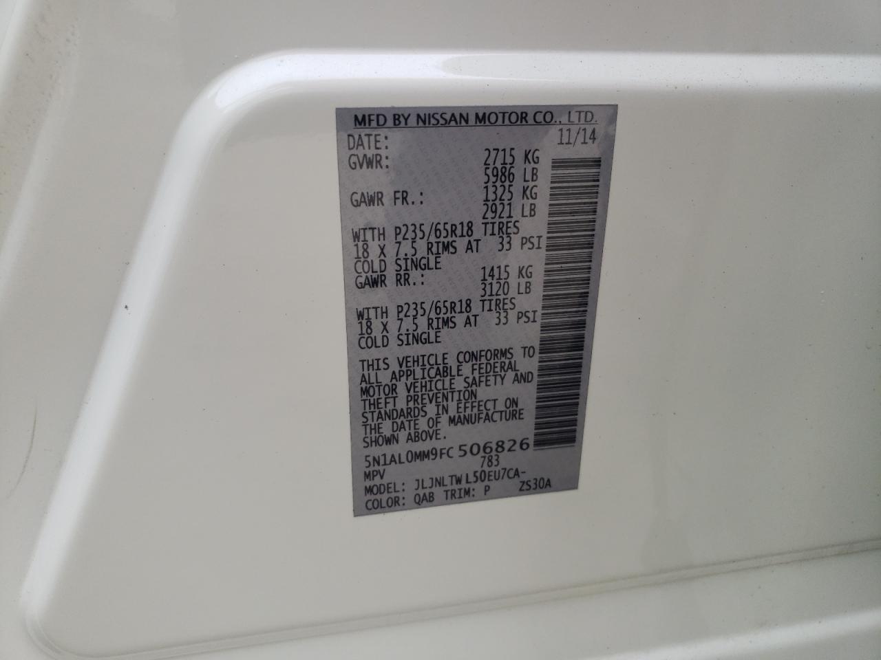 2015 Infiniti Qx60 VIN: 5N1AL0MM9FC506826 Lot: 69017144