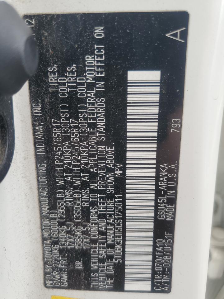 2012 Toyota Highlander Base VIN: 5TDBK3EH5CS175011 Lot: 68494924