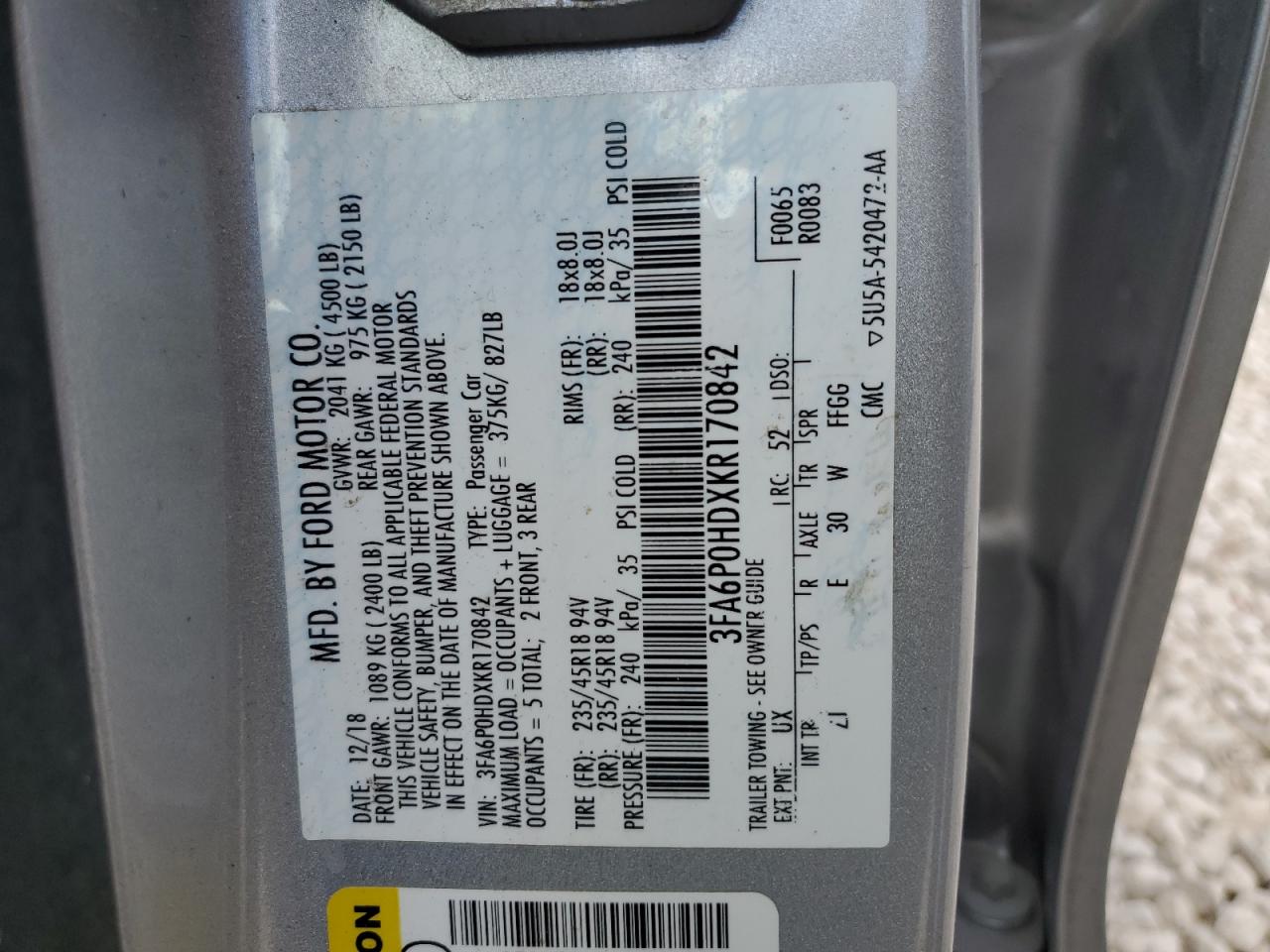 2019 Ford Fusion Se VIN: 3FA6P0HDXKR170842 Lot: 80342924