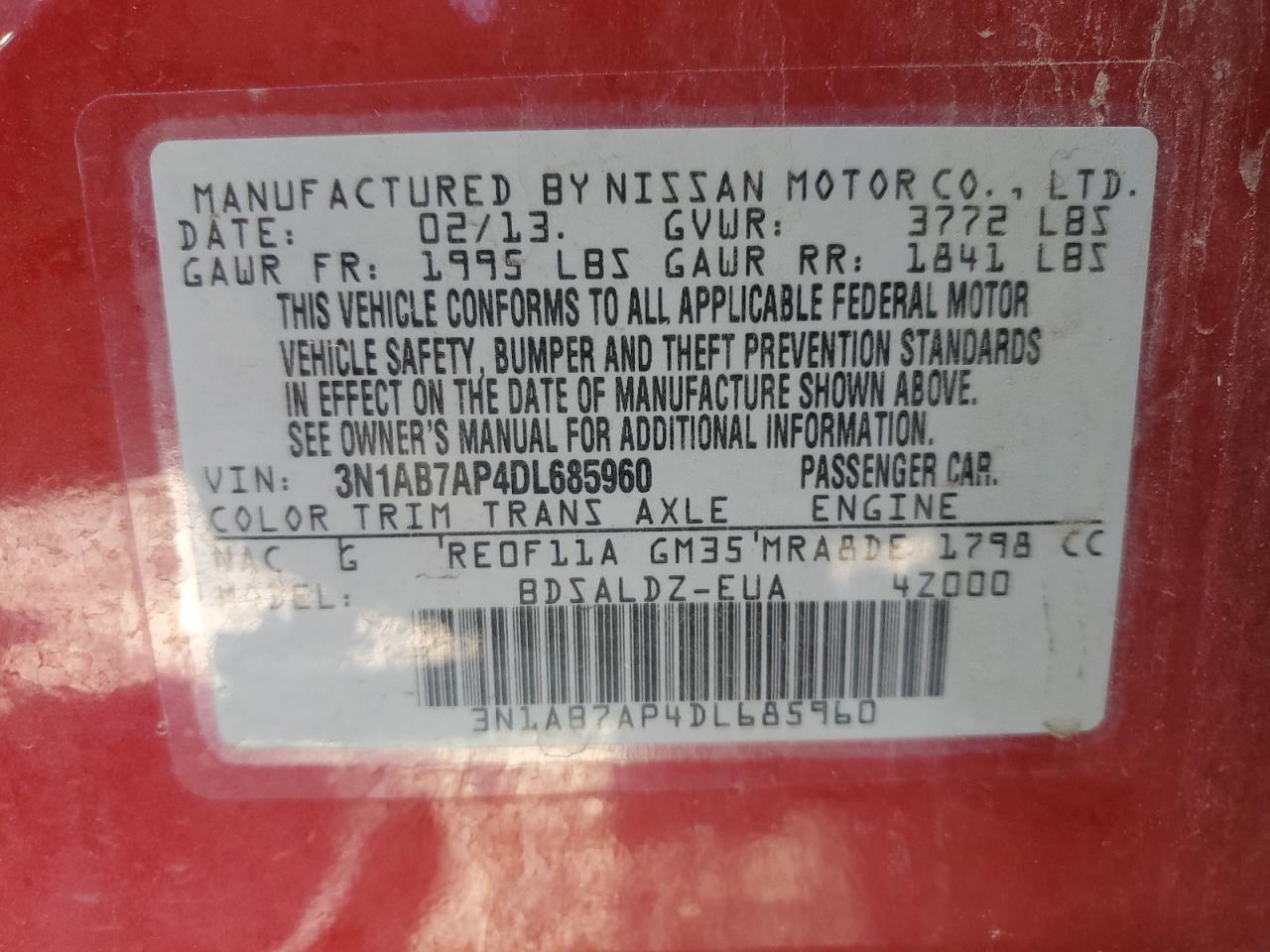 3N1AB7AP4DL685960 2013 Nissan Sentra S