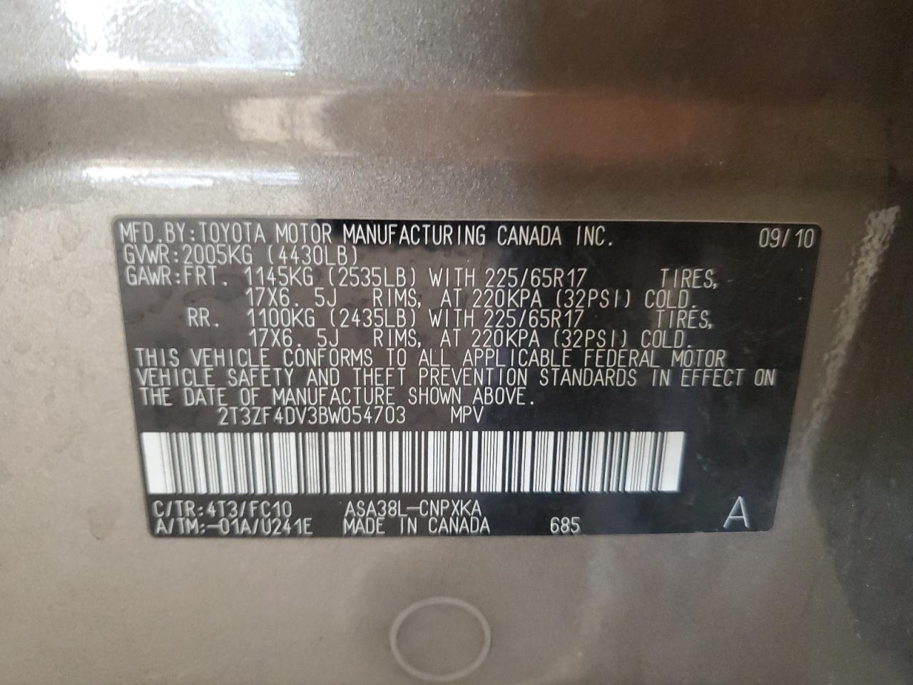 2011 Toyota Rav4 VIN: 2T3ZF4DV3BW054703 Lot: 66526594