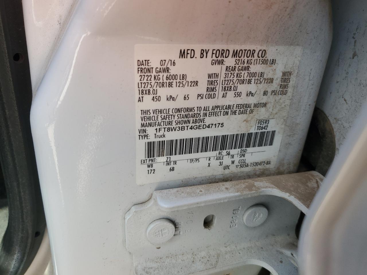 2016 Ford F350 Super Duty VIN: 1FT8W3BT4GED47175 Lot: 68167364