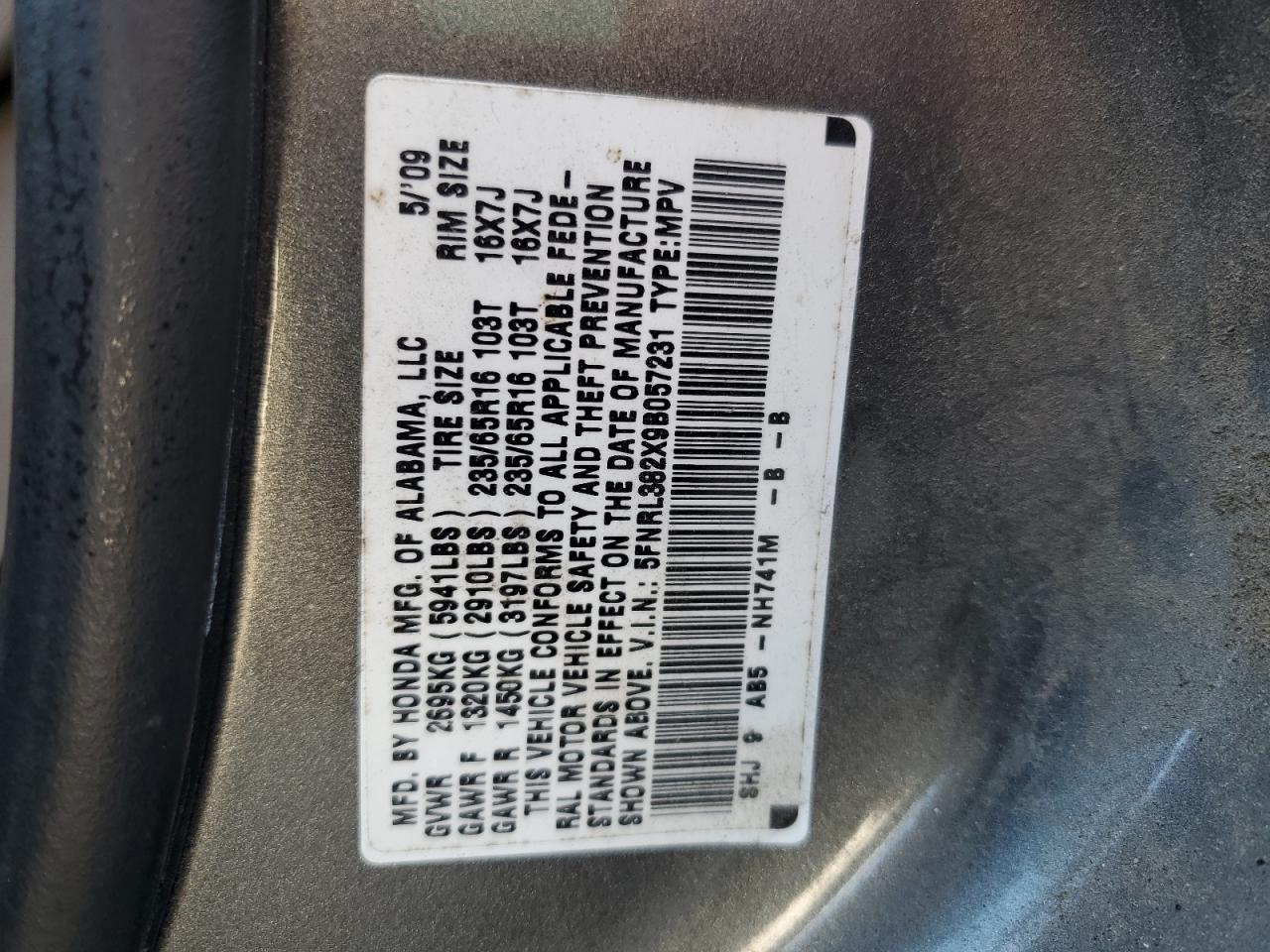 5FNRL382X9B057231 2009 Honda Odyssey Lx