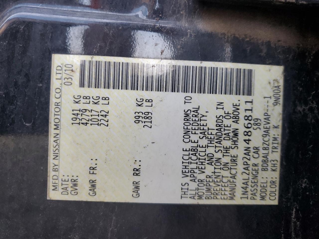 2010 Nissan Altima Base VIN: 1N4AL2AP2AN486811 Lot: 67474254