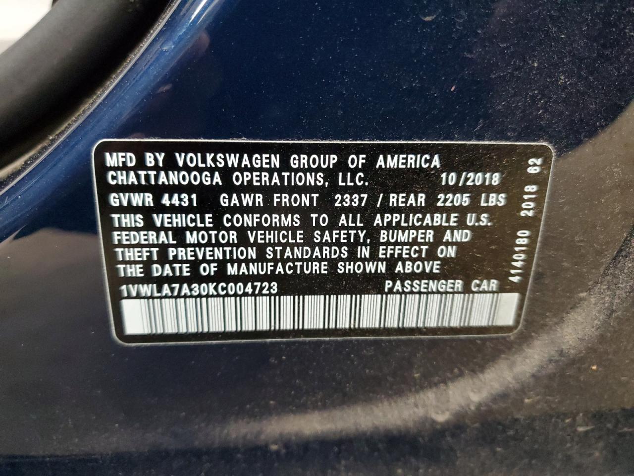 2019 Volkswagen Passat Wolfsburg VIN: 1VWLA7A30KC004723 Lot: 65224684